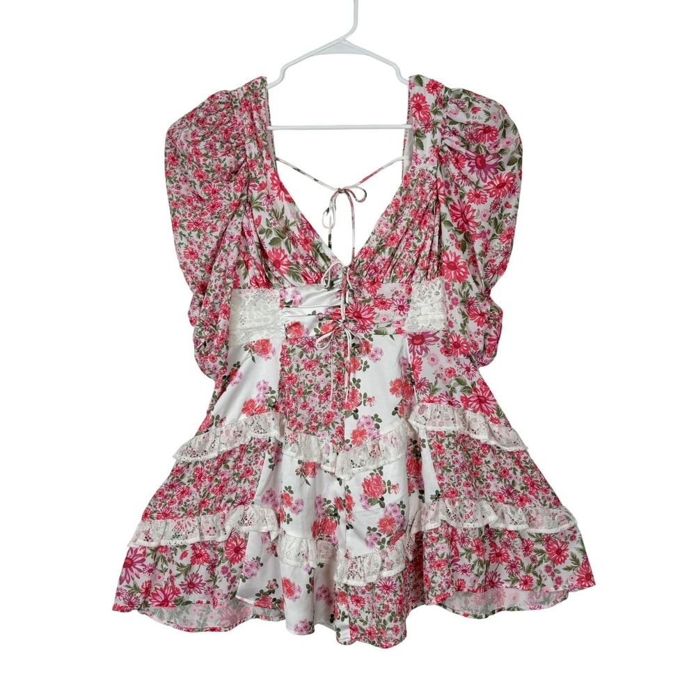 For Love & Lemons Rosalyn Mini Dress Pink Spring Floral Feminine Cottage LARGE